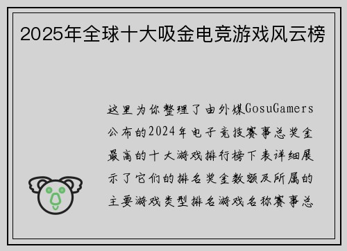 2025年全球十大吸金电竞游戏风云榜