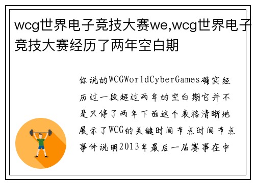 wcg世界电子竞技大赛we,wcg世界电子竞技大赛经历了两年空白期