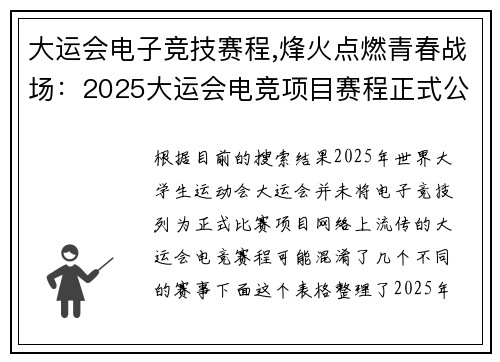 大运会电子竞技赛程,烽火点燃青春战场：2025大运会电竞项目赛程正式公布